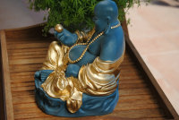 Buddha Figur lachender dicker  Happy Buddha XL Blau Türkis Gold Glück Feng Shui