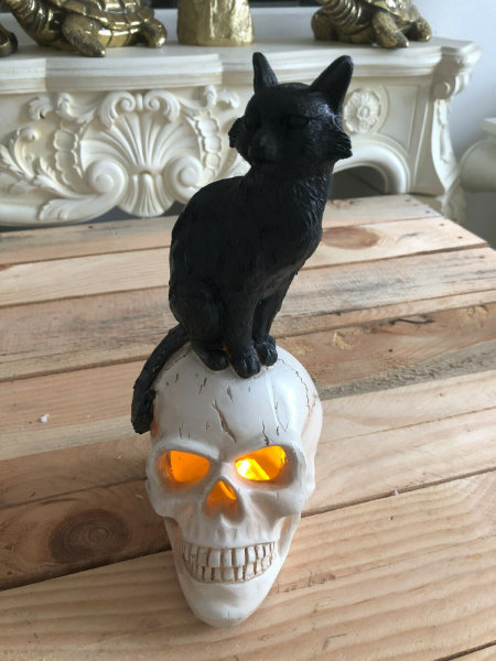 Totenkopf mit Figur auf Cat Skull Gothic Katze  Halloween Dekoration H25cm