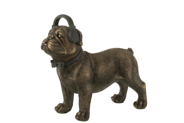 J-Line Bulldog Hund Figur Skulptur Bulldogge mit Kopfhörer Poly Dunkelbraun L28 cm