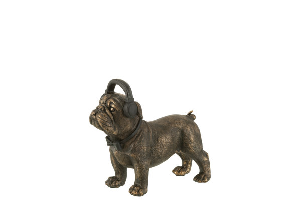J-Line Hunde Figur Bulldogge mit Kopfhörer Poly Skulptur Dunkelbraun