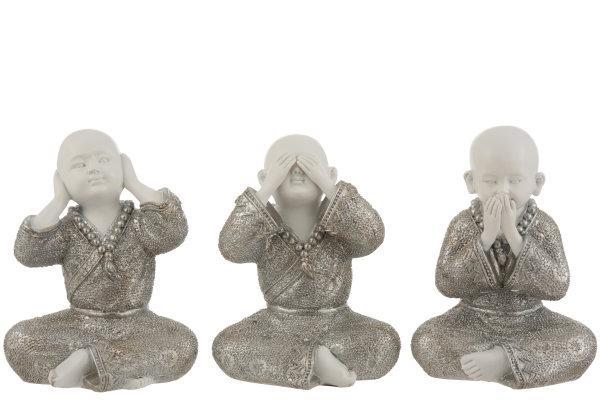 J-Line Edel 3 er Set Mönch Buddha Figur Sehen/Hören/Schweigen Poly Weiss/Silber H21 cm