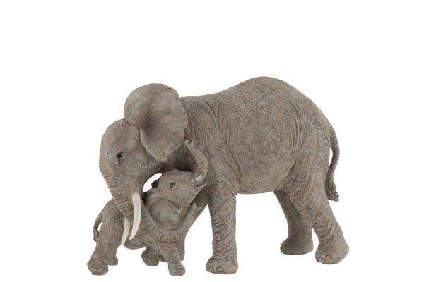 J-Line Elefant Mutter mit Kind Knuddeln Poly Figur Skulptur Grau L28 cm