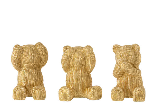 J-Line Deko-Bären Set Nichts Hören, Sehen, Sprechen, Gold, 12 cm x 11 cm x 10 cm, 3 Stück