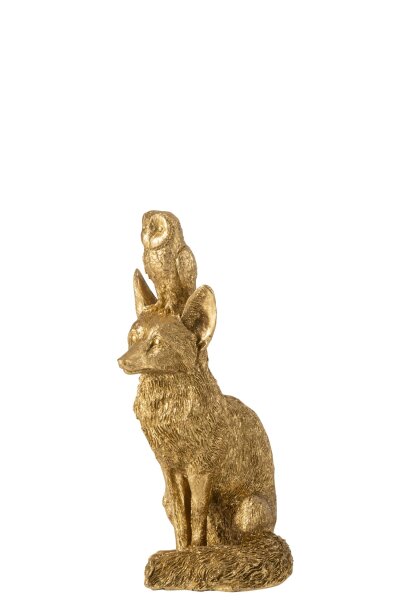 J-Line Deko-Figur Fuchs mit Eule, Polyresin, Goldfarben, 28 cm Höhe