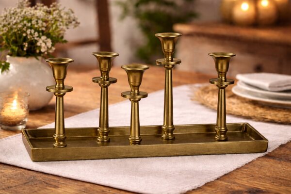 Krömer Alu Leuchter 5 er Tablett Gold Antik Kerzentablett Modern