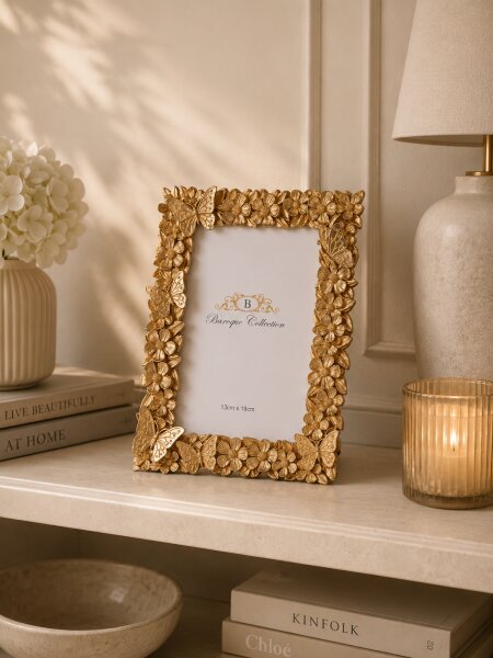 Edel Goldiger Schmetterlinge Blumen  Bilderrahmen Foto  13x18 Gold Antik 236