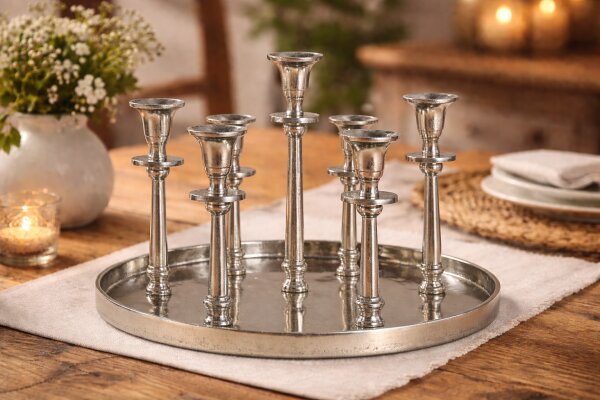 Krömer Alu Leuchter 7 erTablett silber Rund Antik Kerzentablett Modern