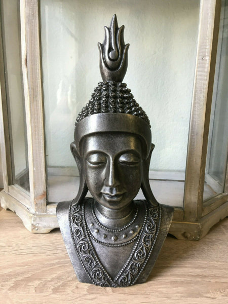 Buddha Kopf Deko Statue groß Buddhakopf schwarz silber Buddha Figur 31 cm