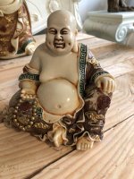 Buddha Figur H20 cm  lachender Dicker Happy Buddha beige Creme Gold Glück Feng Shui