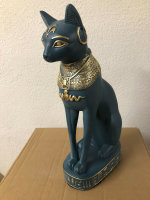 Ägyptische Göttin Katze Bastet Katzen Figur Blau Türkis Gold Statue Figur  2805-101