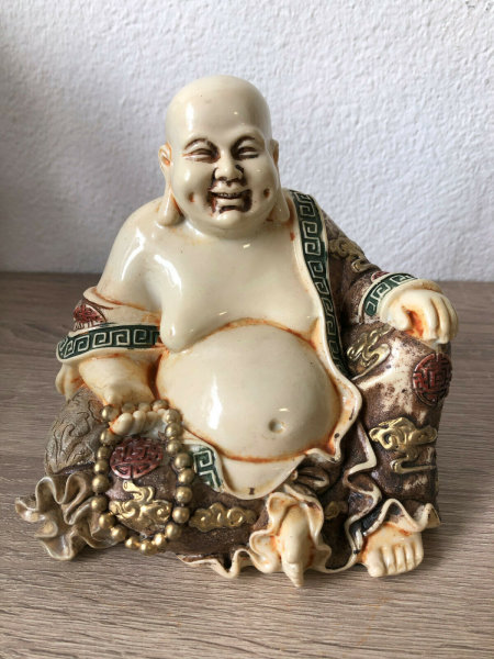 Buddha Happy Figur lachender H15 cm dicker beige creme Gold Glück Feng Shui