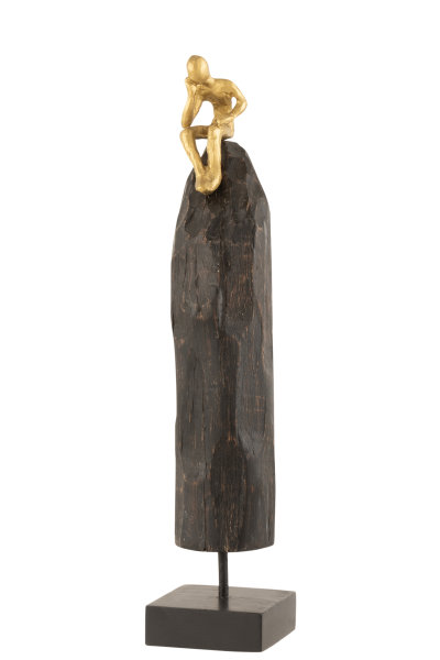Figur Skulptur Holz Sitzend Denker Mann Mangobaum Aluminium Schwarz Gold H46,5 cm