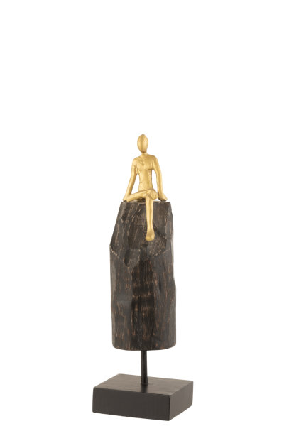 Figur Skulptur Holz Sitzend Denker Mann Mangobaum Aluminium Schwarz Gold 36 cm