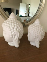 Set Buddha Figur Kopf Weiss Keramik 21 u. 17 cm Hoch